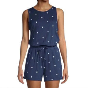 Splendid Romper Navy Silver Embroidered Stars Shorts Elastic Waist Women's Large